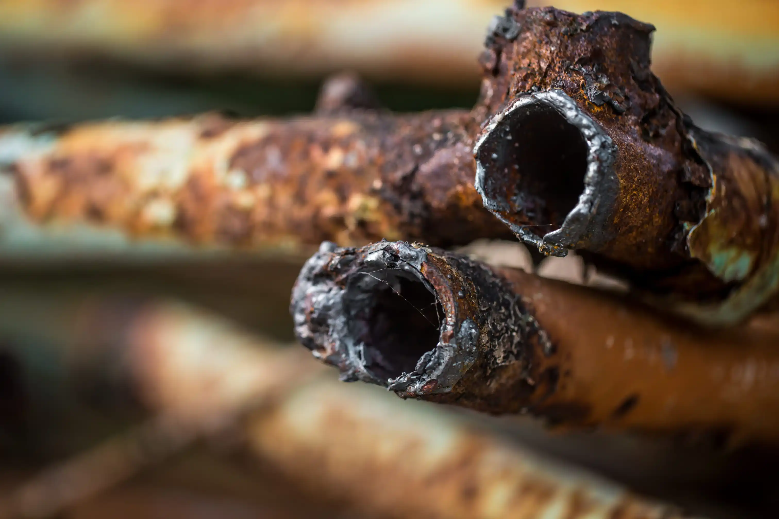 A close-up of heavily corroded and rusted steel pipes showing deep surface oxidation and the natural effects of long-term metal corrosion.
