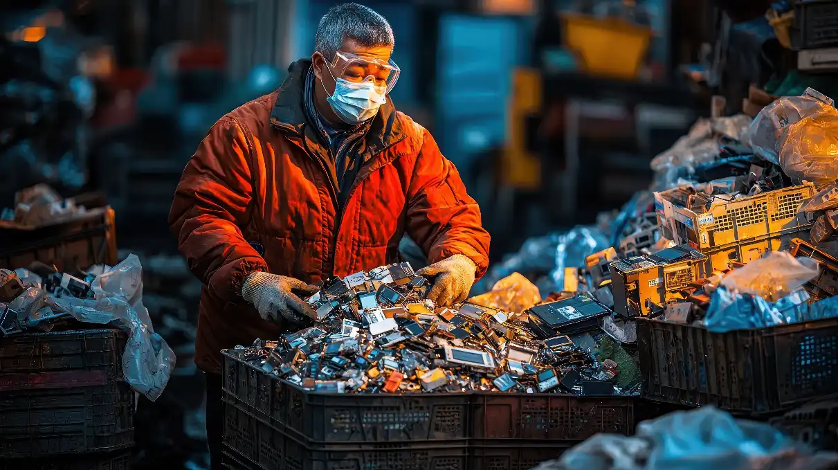 A young man sorting through a large pile of discarded electronic equipment and circuit boards at an outdoor e-waste recycling yard.