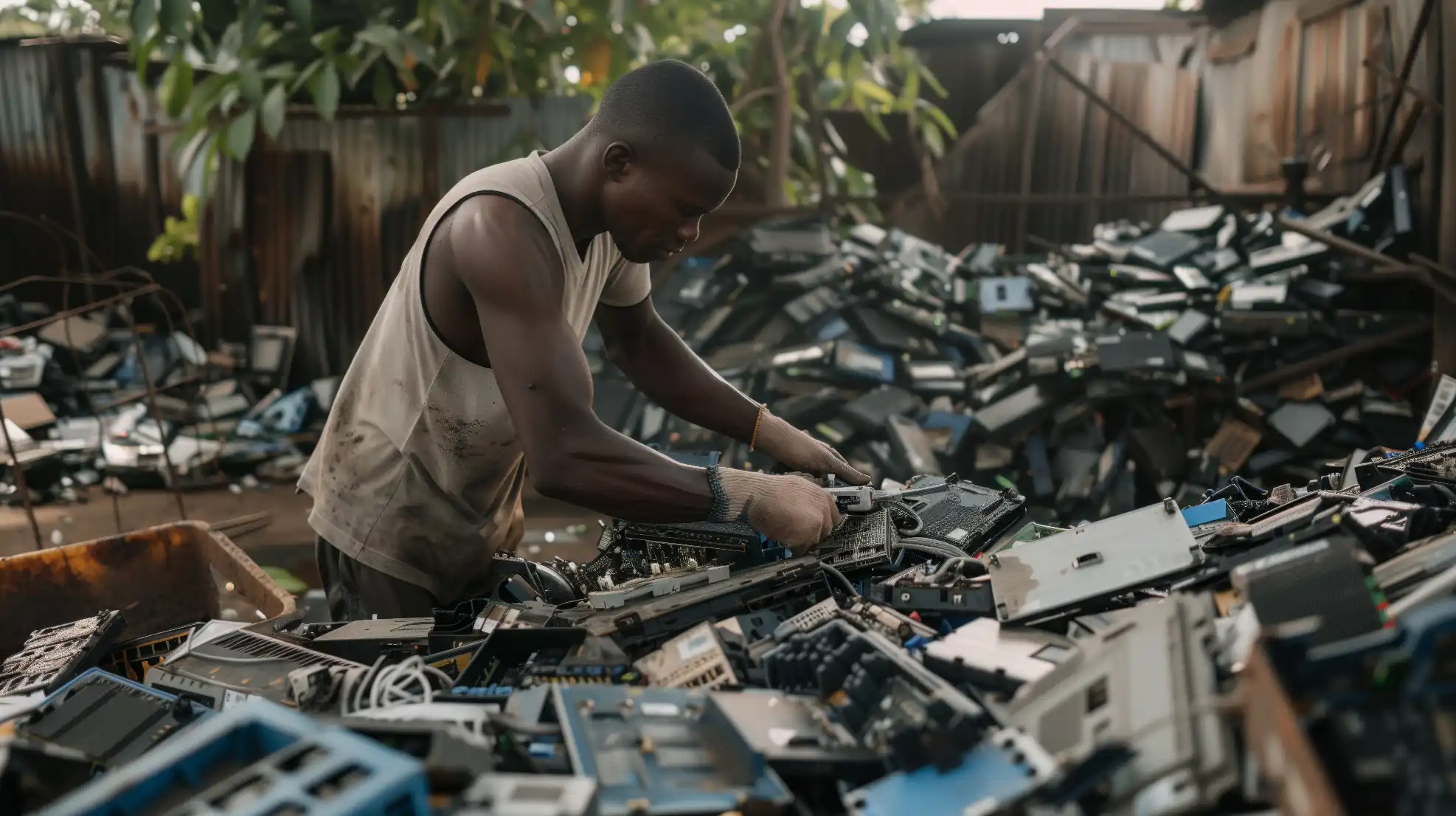 A masked worker in protective gear sorting through a bin of mixed electronic scrap including old phones and devices at an indoor recycling facility.