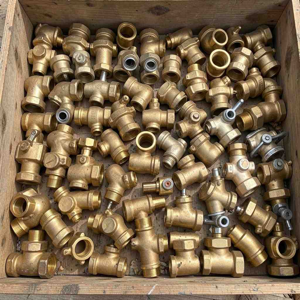 Sorted scrap brass plumbing fittings, valves and taps ready for recycling at Prime Metal Recycling Melbourne Braeside