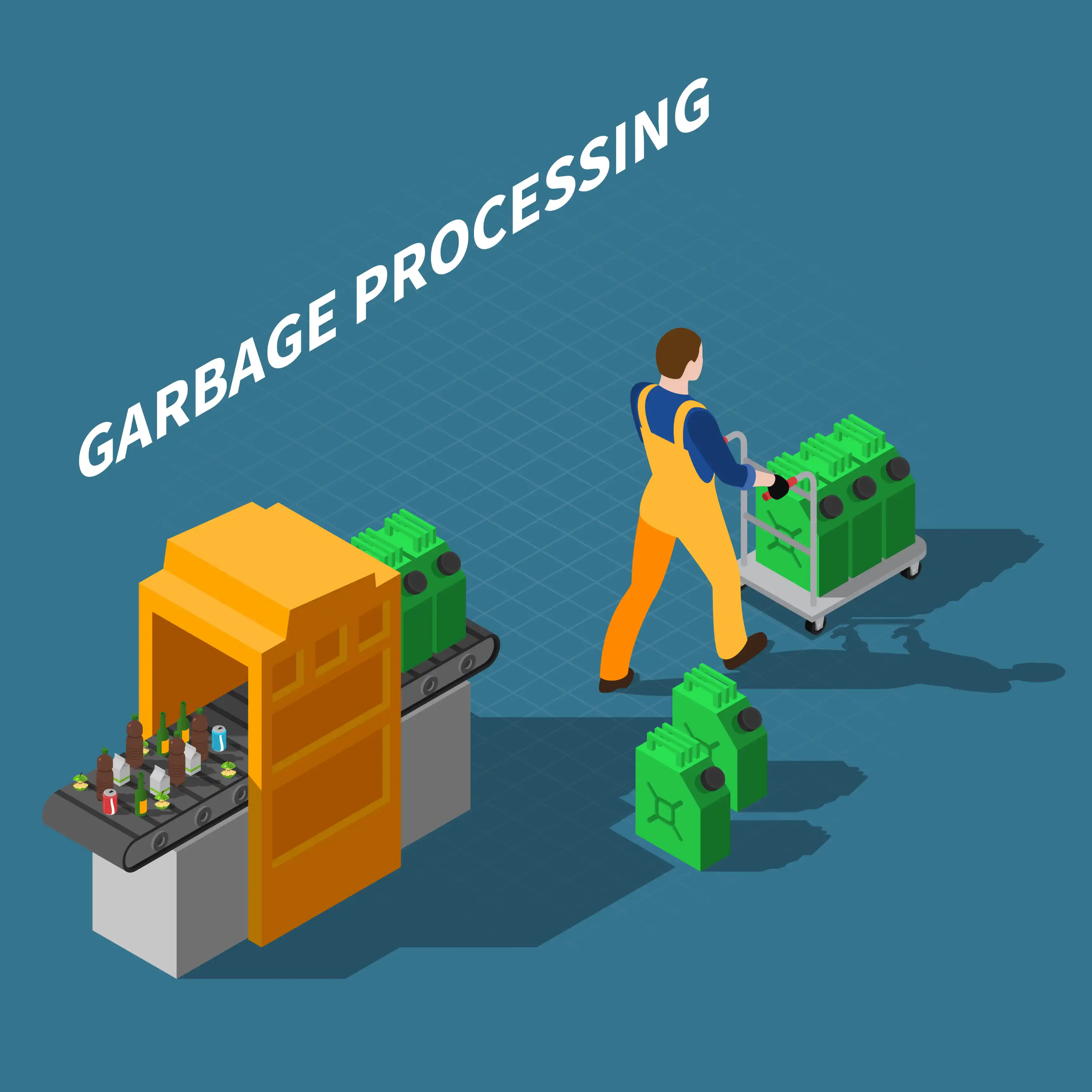 Isometric illustration of a worker pushing a cart of green recycling bins past a garbage sorting conveyor machine, with "Garbage Processing" text