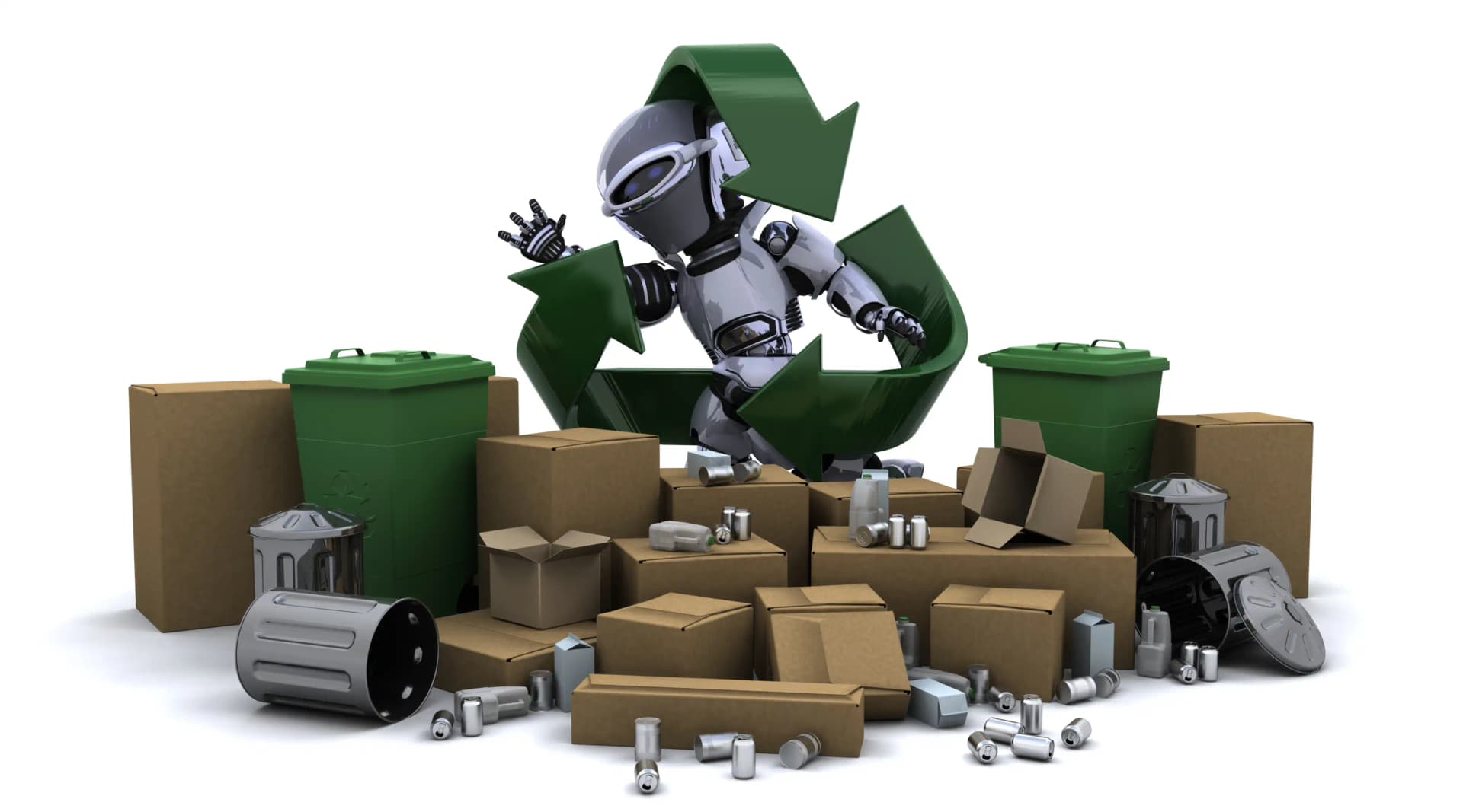 3D-rendered white robot standing inside a green recycling symbol, surrounded by cardboard boxes, metal trash cans, and recyclable cans and bottles