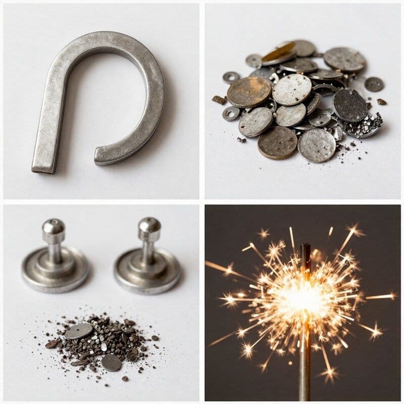 Four-panel image showing the magnet test, colour comparison, weight comparison and spark test for identifying scrap metal types in Melbourne