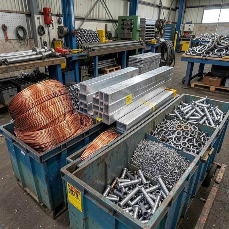 Sorted copper wire, aluminium extrusion and steel separated into bins ready for scrap metal collection at a Melbourne workshop