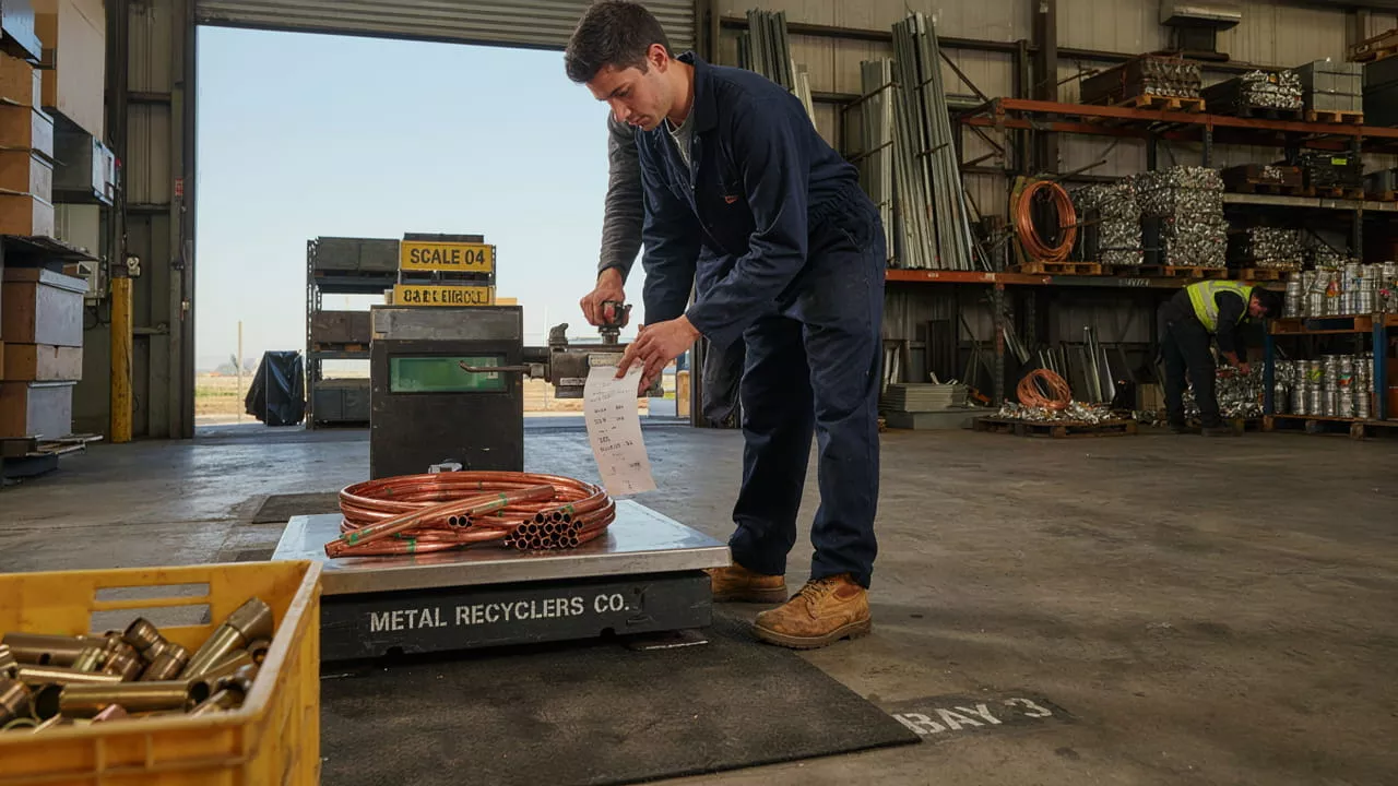 A worker weighing coiled copper pipe on a scale at a metal recycling yard and printing a receipt, with sorted scrap metal stacked on shelves in the background