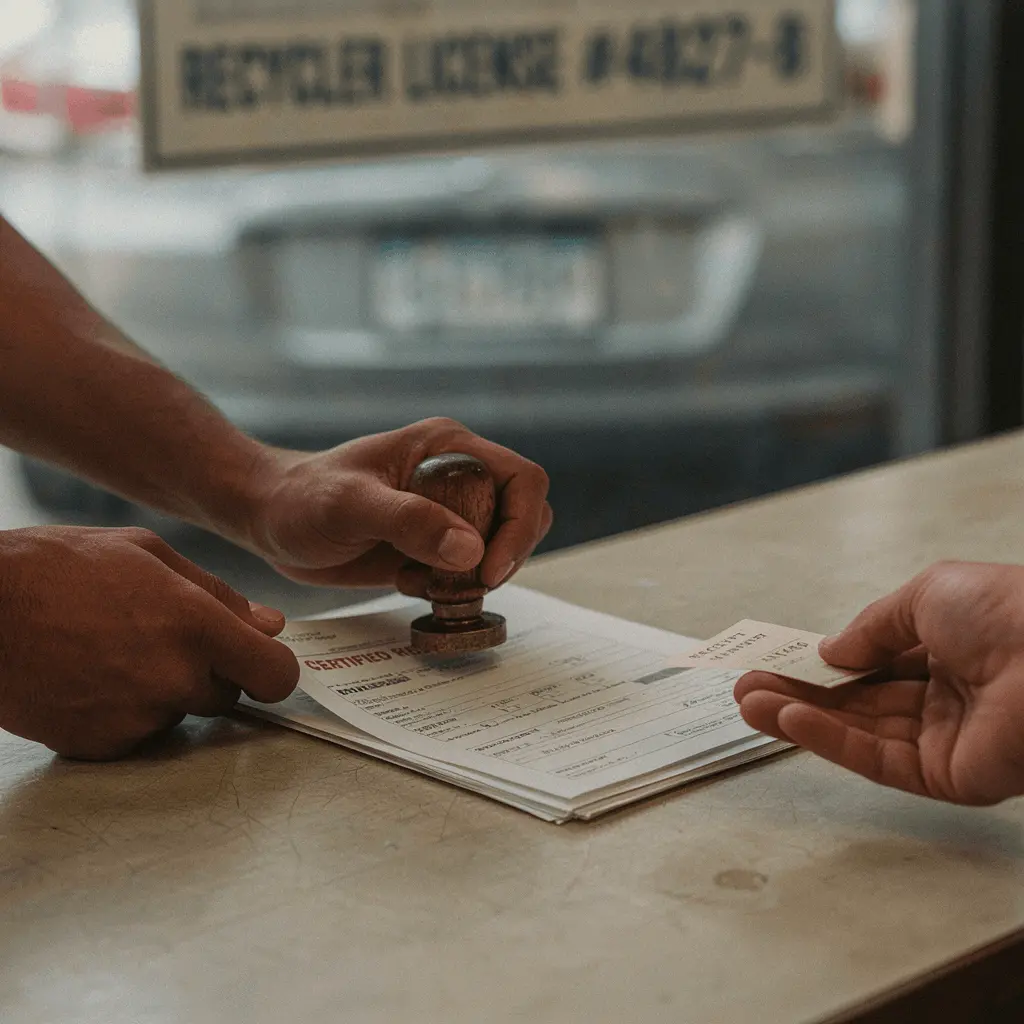 Hand stamping a certified receipt for a scrap metal transaction at a licensed recycling facility