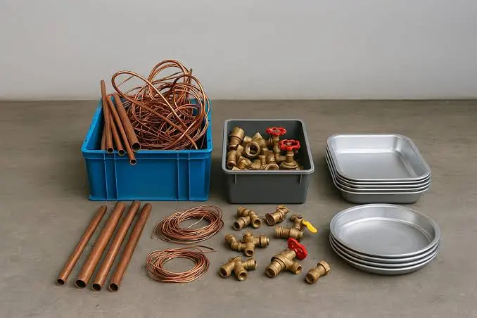 Household scrap metal including copper pipes, copper wire, brass fittings and aluminium trays ready for recycling.