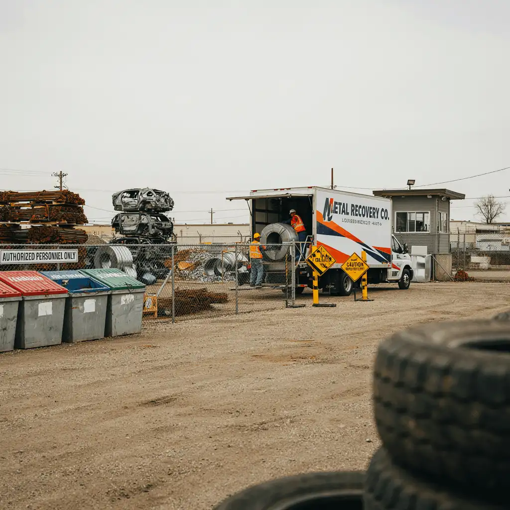 Workers in safety vests loading scrap metal coils onto a licensed Metal Recovery Co. truck at a certified recycling yard
