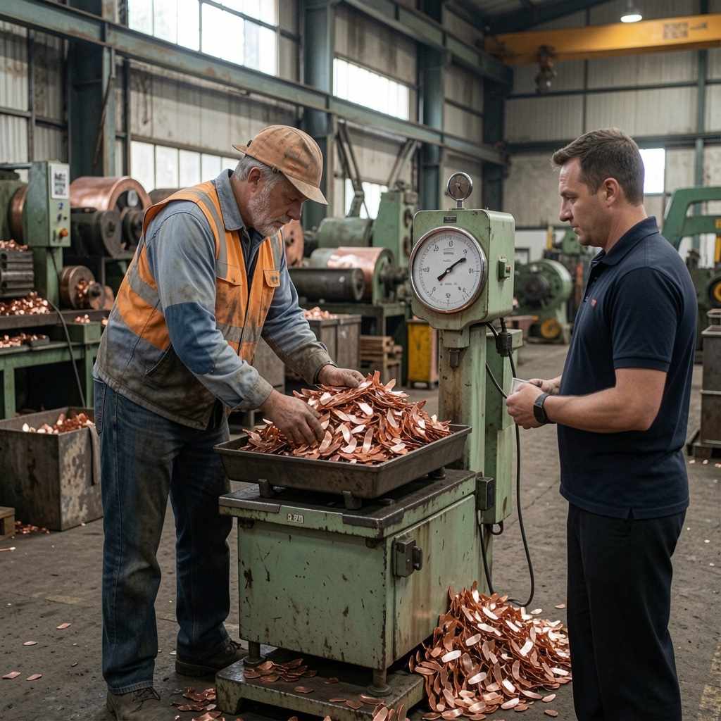 Prime Metal Recycling Melbourne staff weighing scrap copper on industrial scales for accurate cash payment at Braeside facility